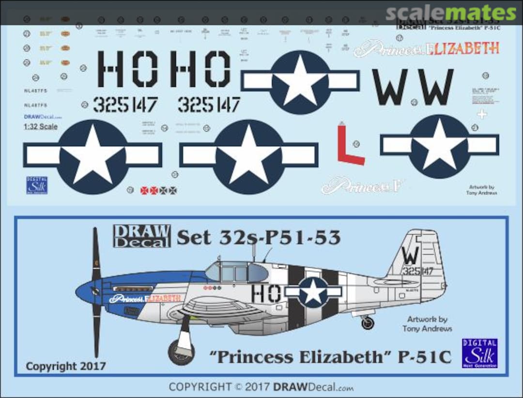 Boxart P-51C "Princess Elizabeth" 32-P51-53 Draw Decal