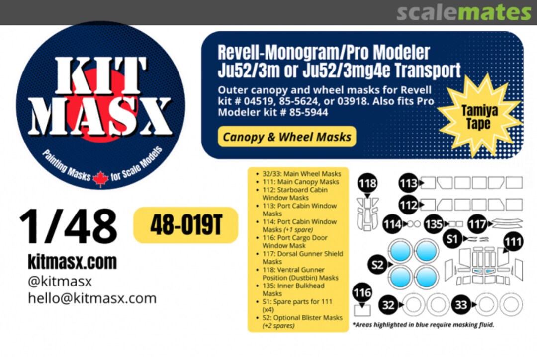 Boxart Junkers Ju 52/3m or Ju 52/3mg4e transport, canopy & wheel masks 48-019T Kit Masx