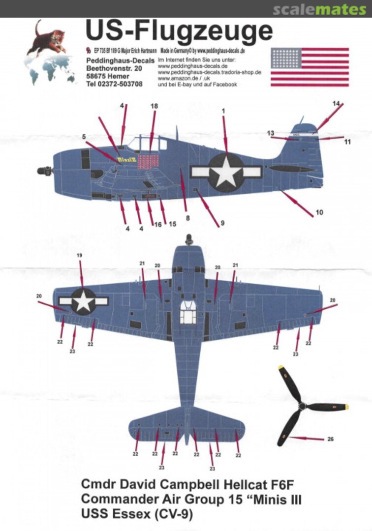 Boxart Hellcat F6F Cmdr David Campbell, Commander Air Group 15 "Minsi III" EP 2469 Peddinghaus-Decals