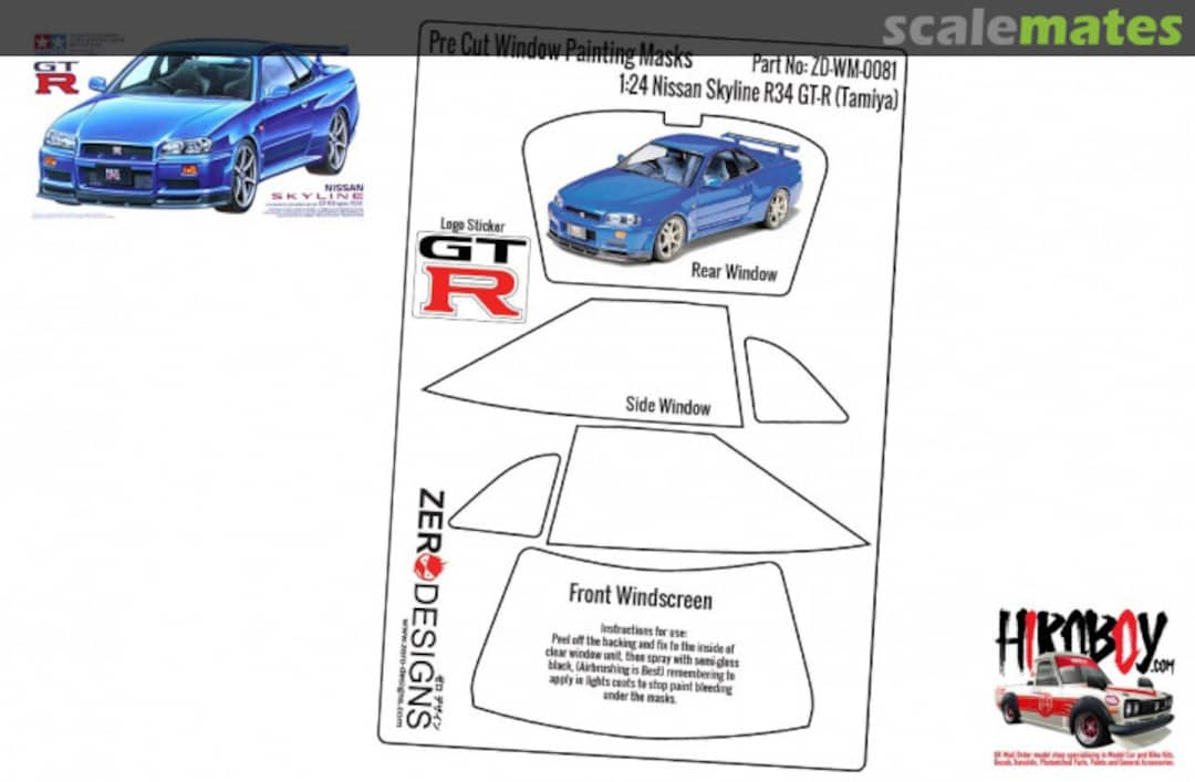 Boxart Nissan Skyline R34 GT-R Pre Cut Window Painting Masks (Tamiya) ZD-WM-0081 Zerodesigns