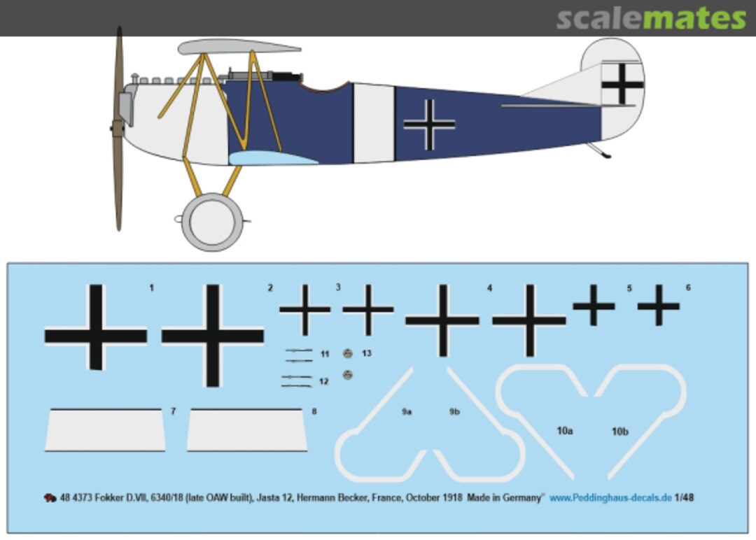 Boxart Fokker D.VII, 6340/18 (late OAW built), Jasta 12, Hermann Becker, France, October 1918 48 4373 Peddinghaus-Decals