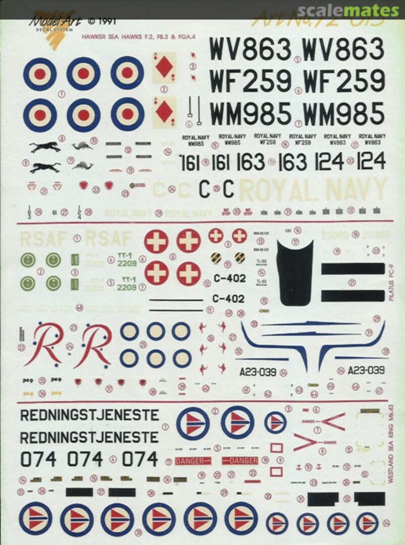 Boxart Hawker Sea Hawk, Pilatus PC-9, Sea King Mk.43 72/013 Model Art Decal System