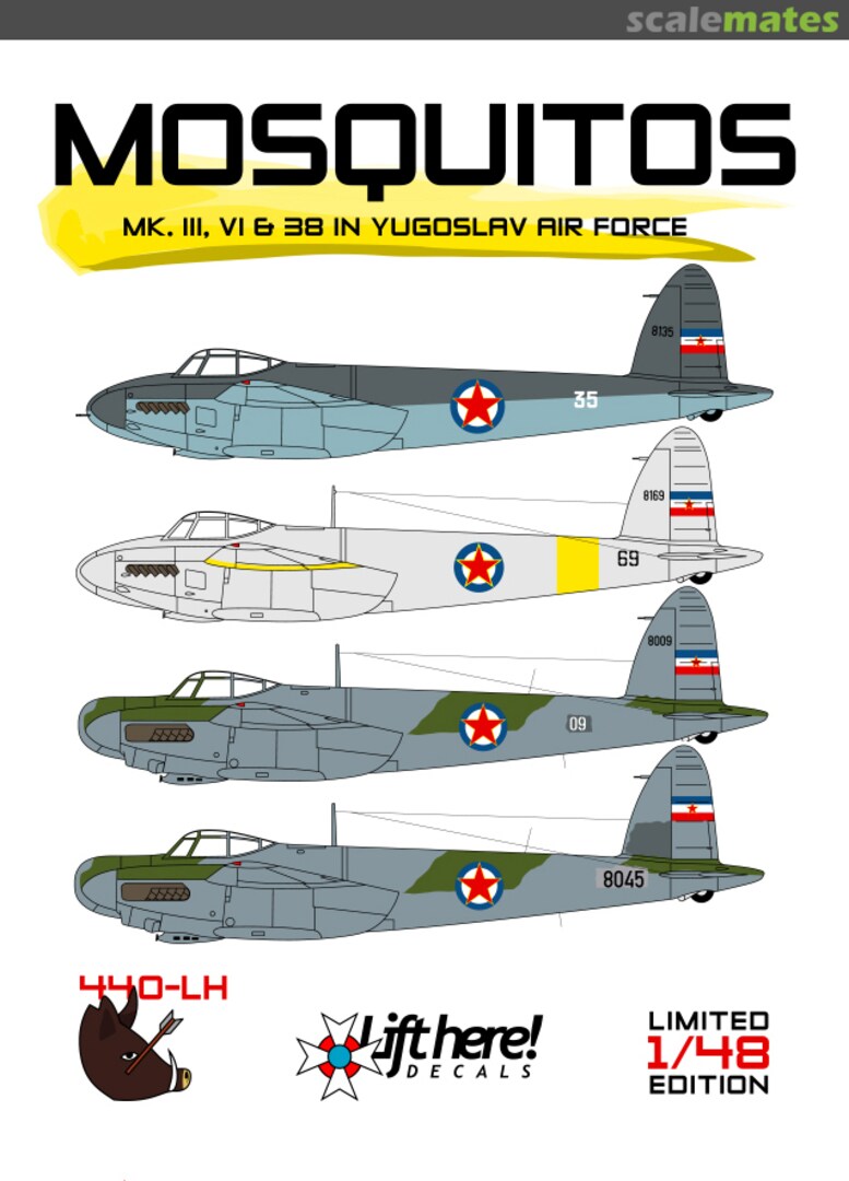 Boxart Mosquitos Mk.III, VI & 38 in Yugoslav Air Force 440-LH Lift Here Decals