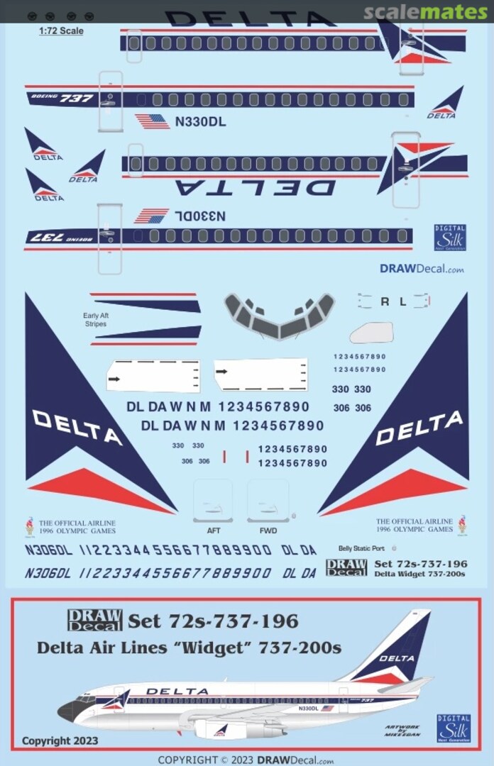 Boxart Delta Air Lines “Widget” 737-200s 72-737-196 Draw Decal