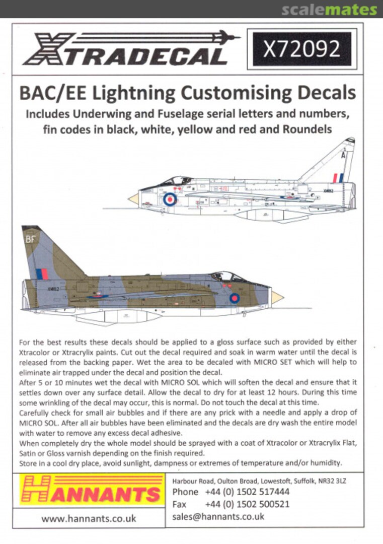 Boxart BAC/EE Lightning Customising Decals X72092 Xtradecal