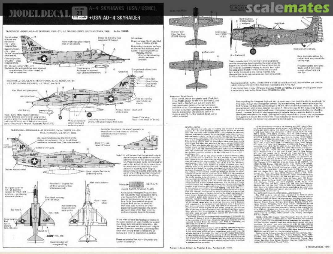 Contents A-4 Skyhawks (USN/USMC), + USN AD-4 Skyraider 21 Modeldecal