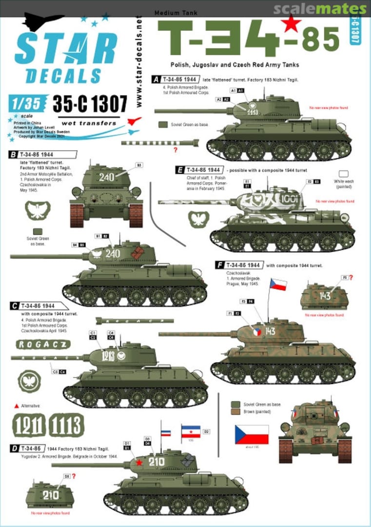 Boxart T-34-85 Medium Tank 35-C1307 Star Decals