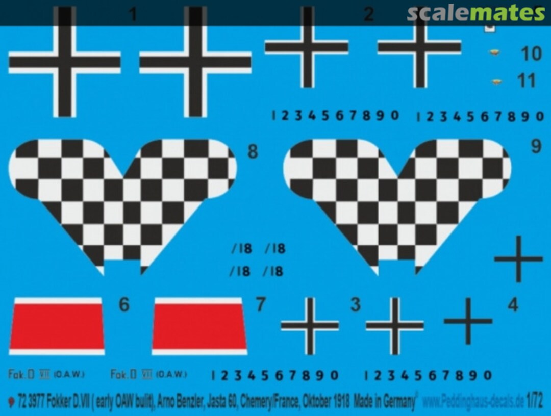 Boxart Fokker D.VII (early OAW bulit) Arno Benzler, Jasta 60, Chemery/France, Oktober 1918 72 3977 Peddinghaus-Decals