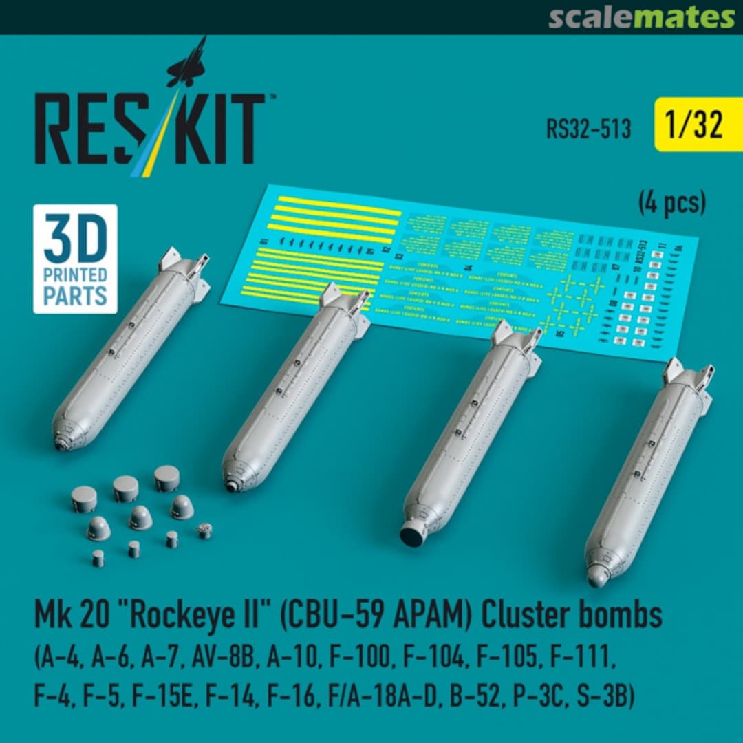 Boxart Mk 20 "Rockeye II" (CBU-59 APAM) Cluster bombs (4 pcs) (3D Printed) RS32-0513 ResKit