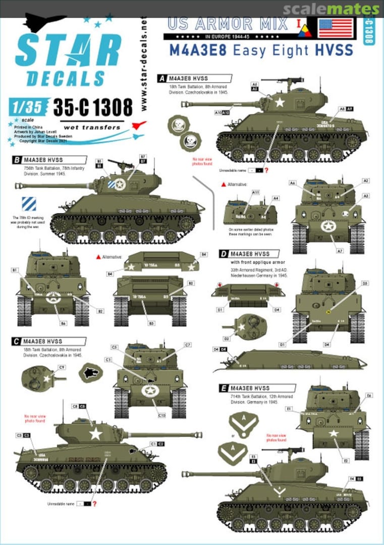 Boxart M4A3E8 'Easy Eight' HVSS 35-C1308 Star Decals