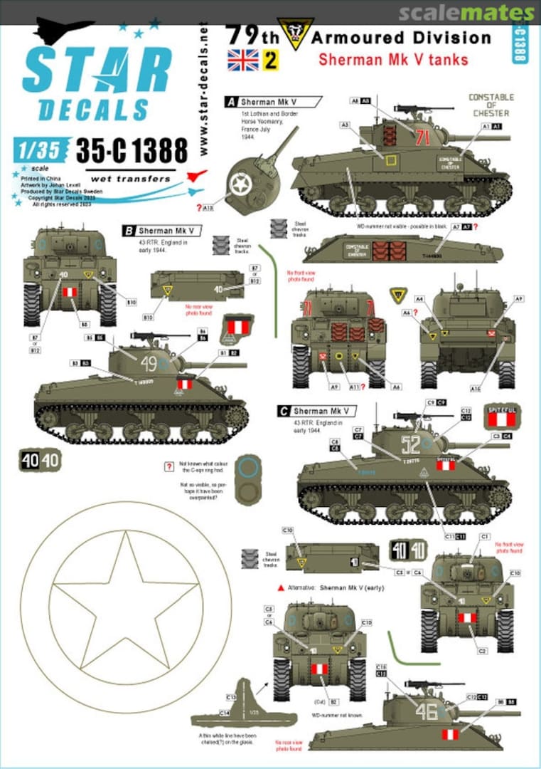 Boxart Sherman Mk V tanks 35-C1388 Star Decals