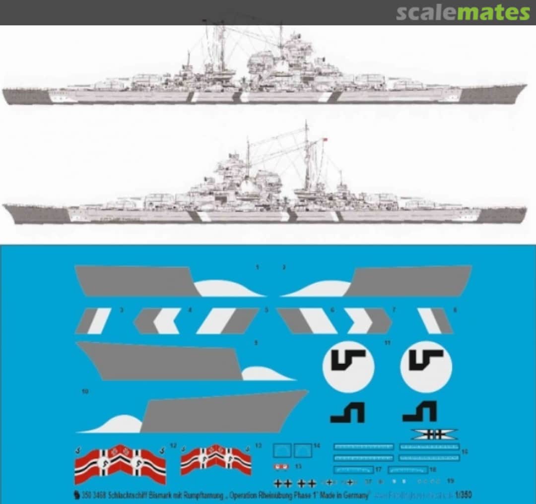 Boxart Schlachtschiff Bismarck mit Rumpftarnung 350 3468 Peddinghaus-Decals