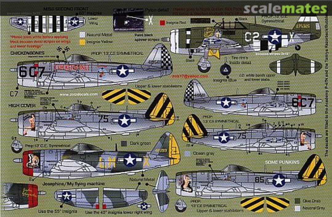 Boxart P-47 Thunderbolt. Miss Second Front.Chickenbones.High Cover. 48037 Zotz Decals