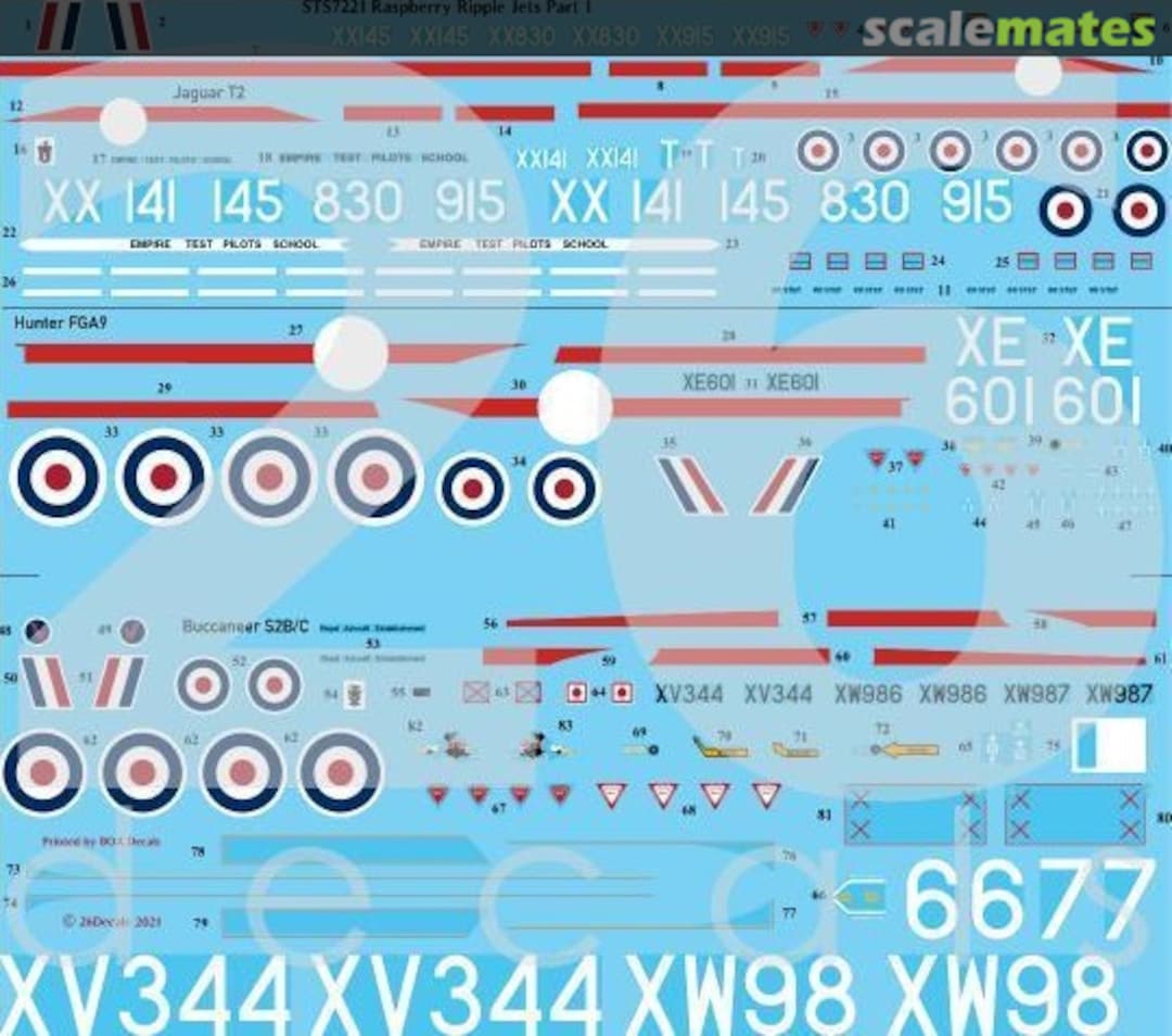 Contents Raspberry Ripple Jets Part 1 (BAC Jaguar T2, Hawker Hunter FGA9, Blackburn Buccaneer S2B) STS7221 26 Decals