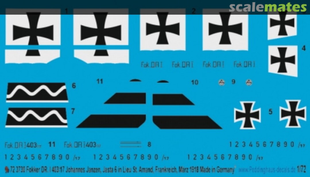 Boxart Fokker DR.I Johannes Janzen, Jasta 6 in Lieu St. Amand, Frankreich, März 1918 72 3730 Peddinghaus-Decals