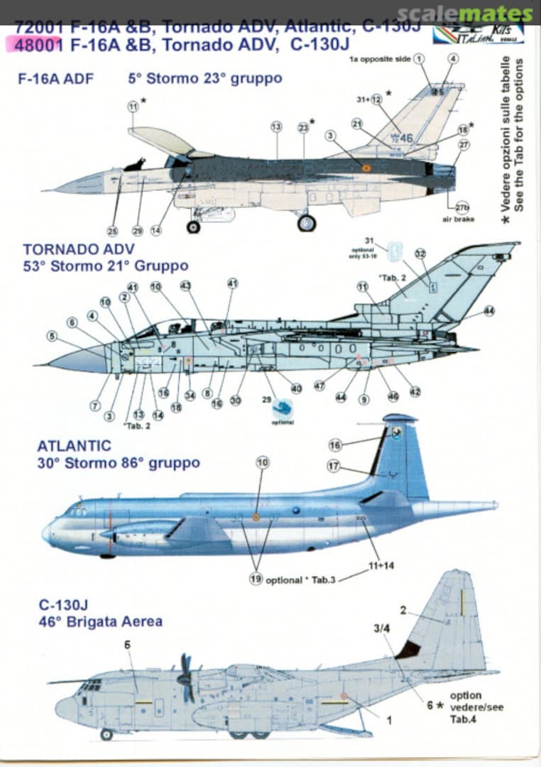 Contents F-16A&B, Tornado ADV, C-130J & BR.1150 Atlantic IK72001 Italian Kits