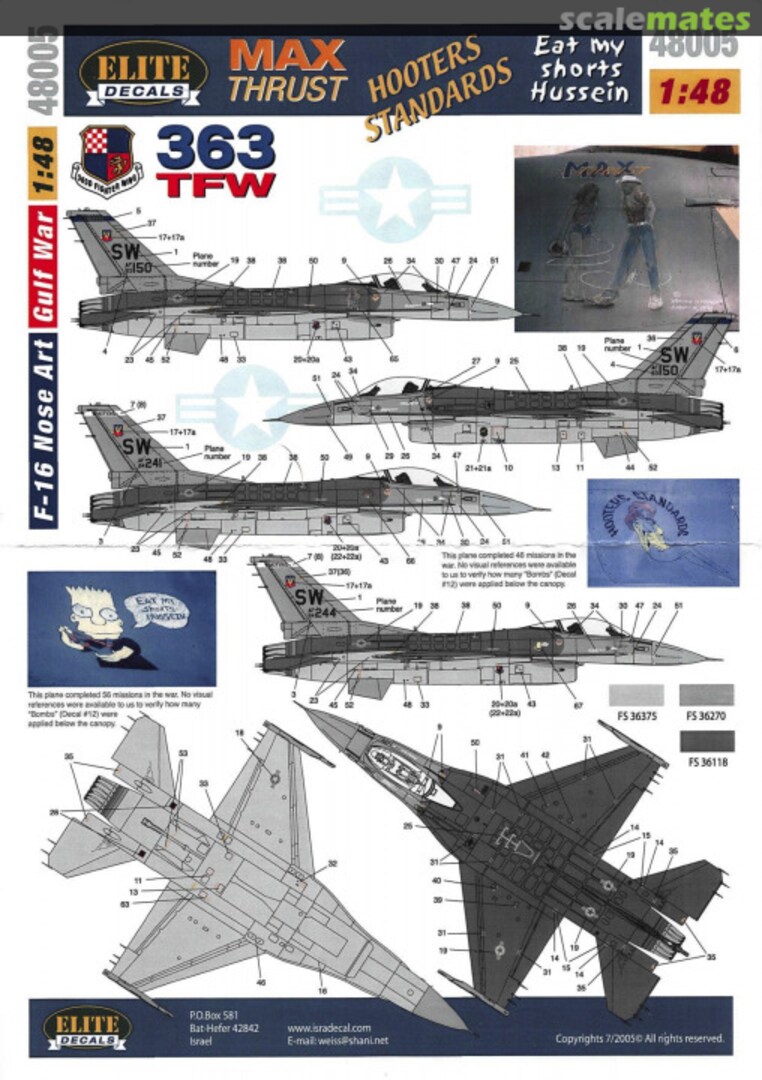 Boxart Gulf War F-16 Nose-art "Max Thrust", "Hooters Standards" & "Eat my shorts Hussein" ED-48005 Elite Decals