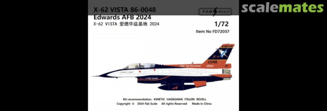 Boxart X-62 VISTA 86-0048 Edwards AFB 2024 FD72037 Fab Scale