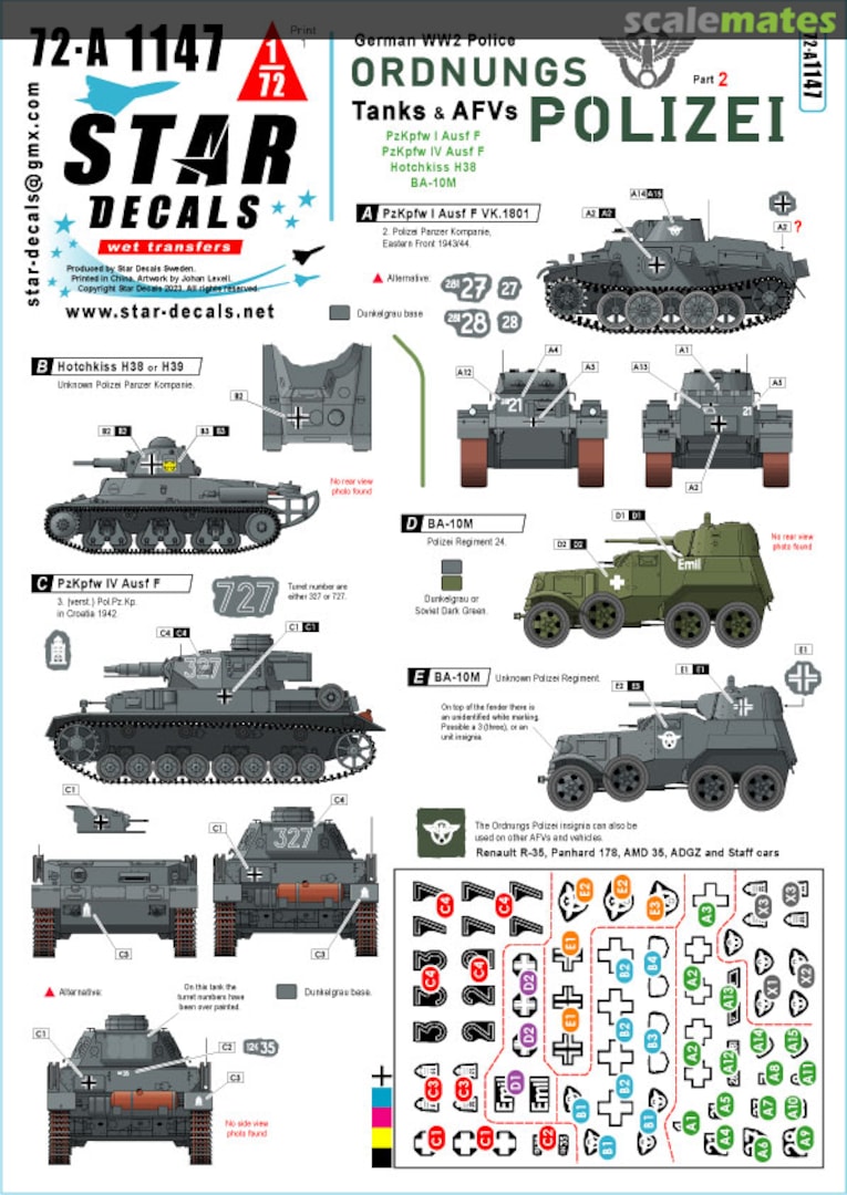 Boxart Tanks and Armoured Cars. Anti Partisan and Security service. 72-A1147 Star Decals