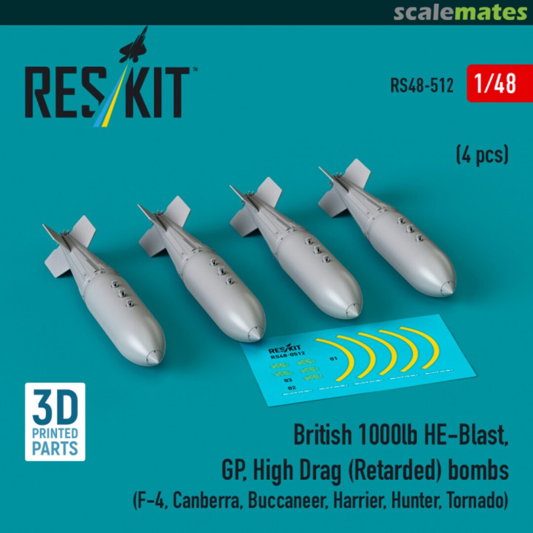 Boxart British 1000lb HE-Blast, GP, High Drag (Retarded) bombs (4 pcs) (F-4, Canberra, Buccaneer, Harrier, Hunter, Tornado) (3D printed) RS48-0512 ResKit