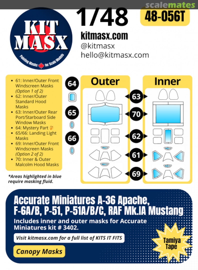 Boxart A-36 Apache, F-6A/B, P-51, P-51A/B/C, RAF Mk.IA Mustang masks 48-056T Kit Masx