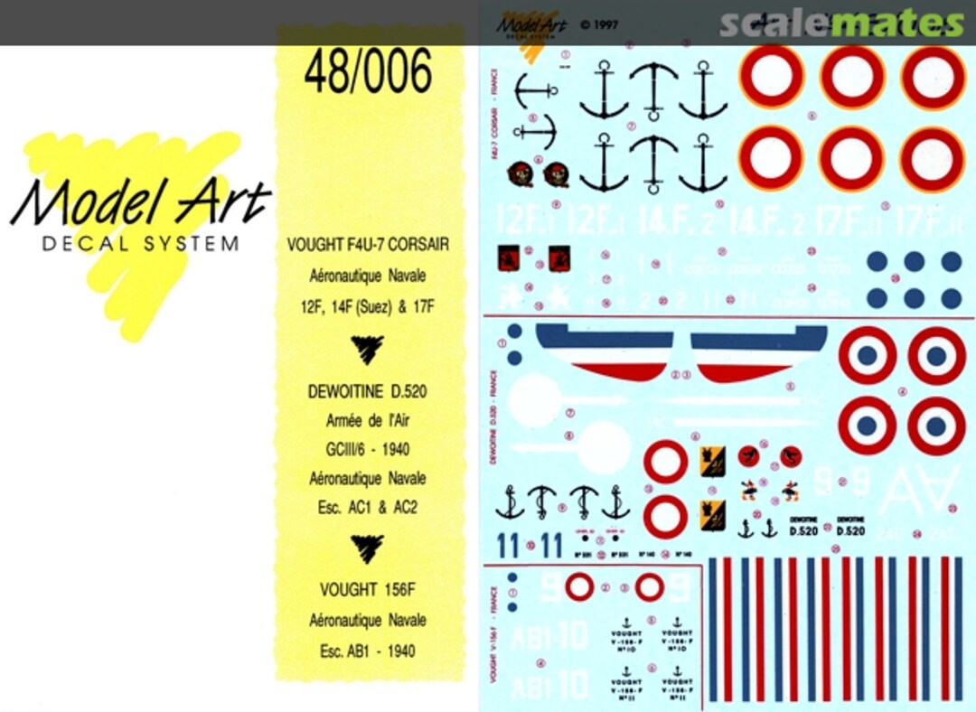 Boxart Vought F4U-7 Corsair / Dewoitine D.520 / Vought 156F 48/006 Model Art Decal System