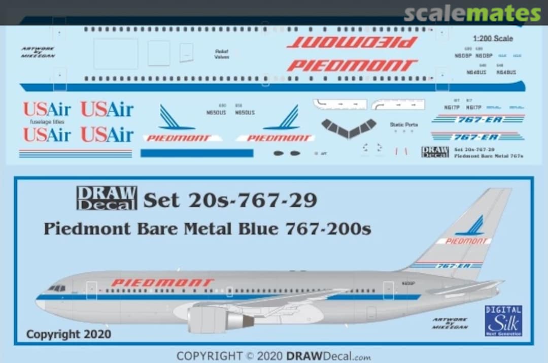 Boxart Piedmont Bare Metal – Blue 767-200ERs 20-767-29 Draw Decal