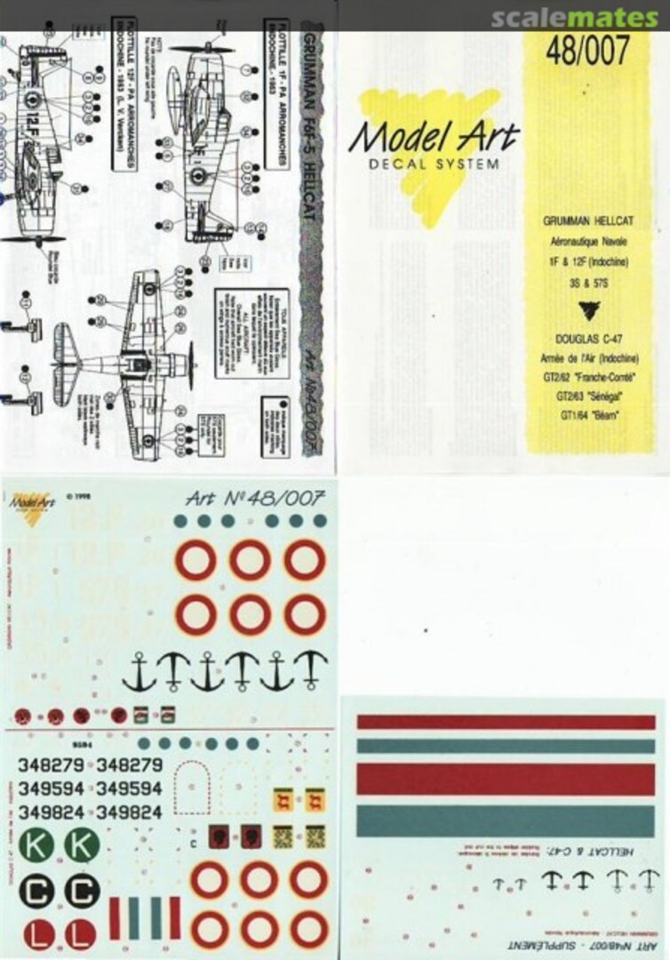 Boxart Grumman F6F Hellcat: Aéronavale 1F, 12F, 3S, 57S 48/007 Model Art Decal System