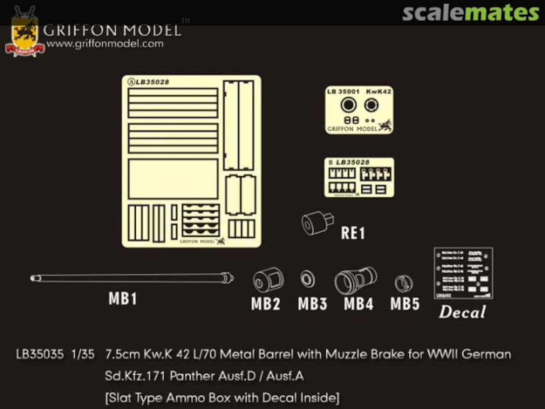 Boxart 7.5cm Kw.K 42 L/70 Metal Barrel with Muzzle Brake for WWII German Sd.Kfz.171 Panther Ausf.D / Ausf.A LB35035 Griffon Model
