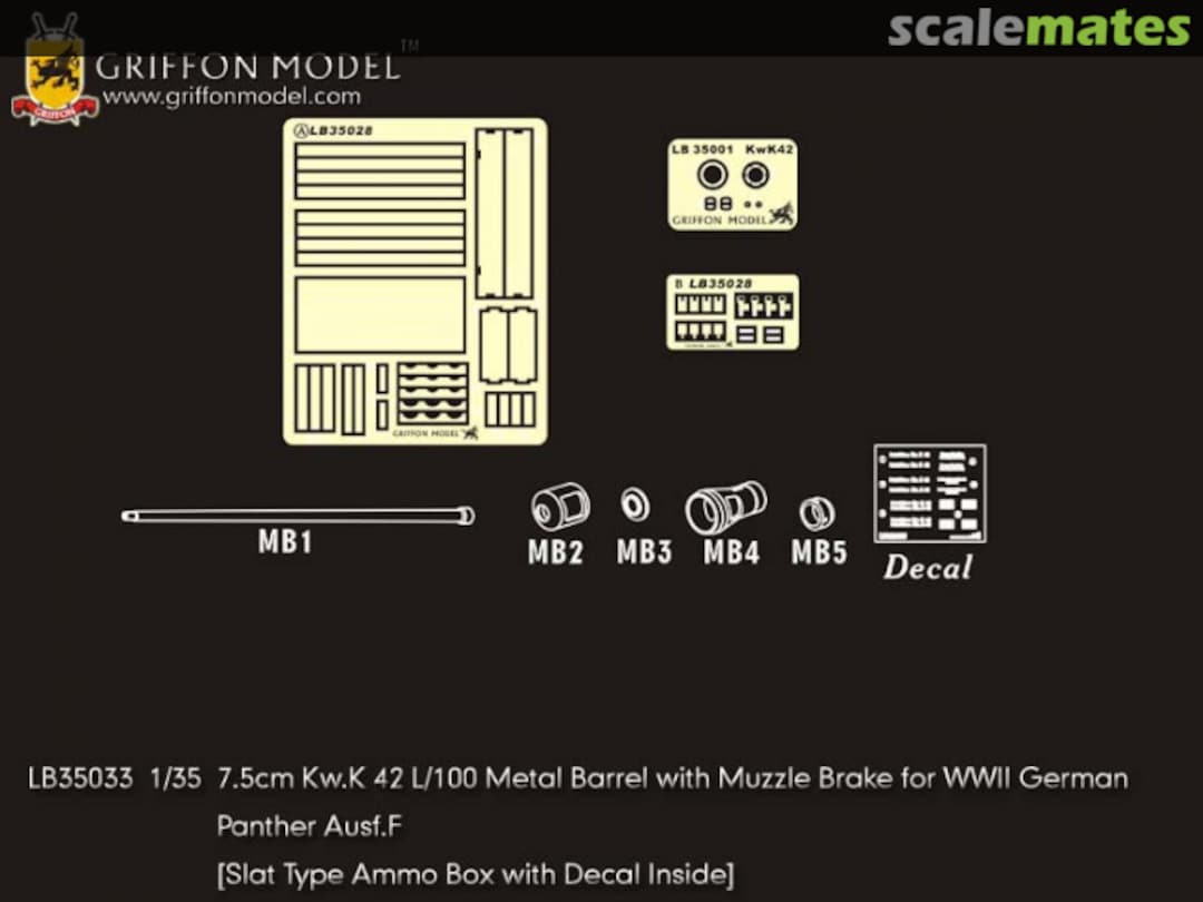 Boxart 7.5cm Kw.K 42 L/100 Metal Barrel with Muzzle Brake for WWII German Panther Ausf.F LB35033 Griffon Model