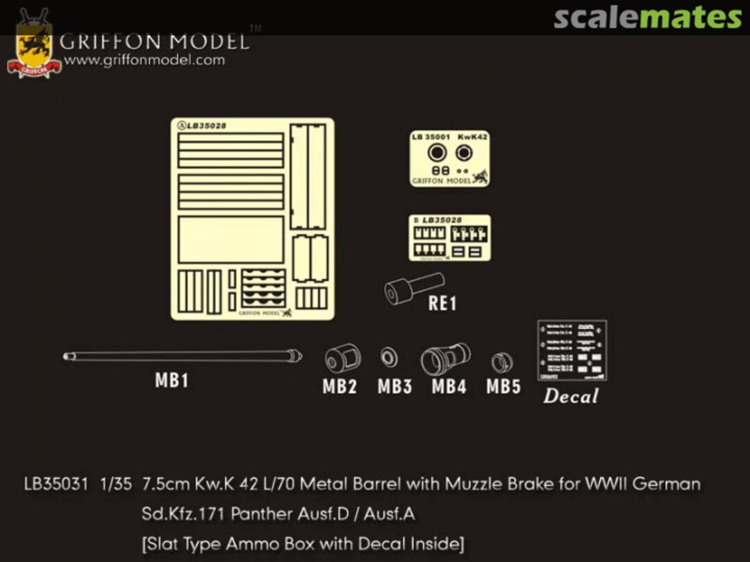 Boxart 7.5cm Kw.K 42 L/70 Metal Barrel with Muzzle Brake for WWII German Sd.Kfz.171 Panther Ausf.D / A LB35031 Griffon Model