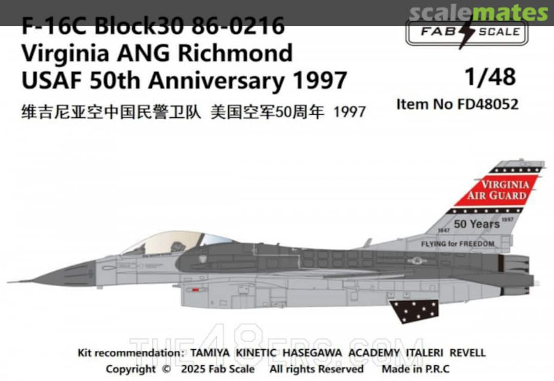 Boxart F-16C Block30 86-0216  Virginia ANG Richmond USAF 50th Anniversary 1997 FD48052 Fab Scale