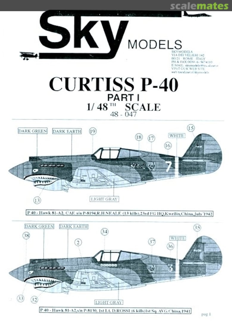 Contents Curtiss P-40 48-047 Sky Models