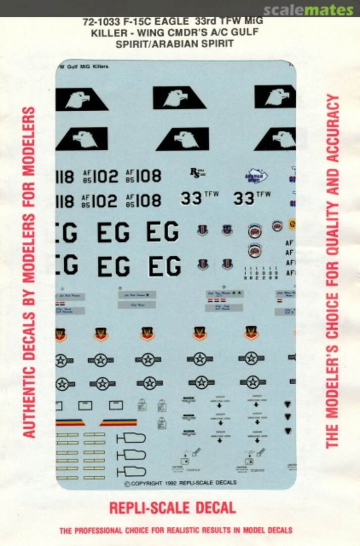 Boxart F-15C Eagle 33rd TFW MiG Killer 72-1033 Repli-scale