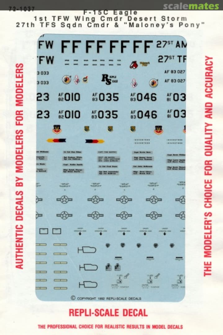 Boxart F-15C Eagle 1st TFW Wing Cmdr Desert Storm 27th TFS Sqdn Cmdr & "Maloney's Pony" 72-1037 Repli-scale