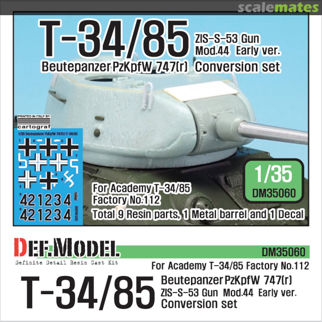 Boxart T-34/85 S-53 Gun Factory No.112 Early Turret set (Academy) Beutepanzer PzKpfW 747(r) Conversion Set DM35060 Def.Model