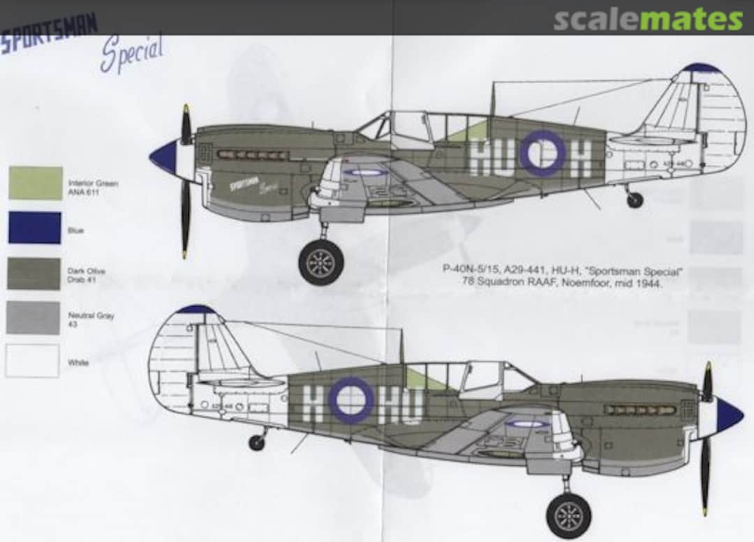 Boxart P-40N-5/15 (41-105047), A29-441, HU-H, "Sportsman Special", 78 Squadron RAAF RRD7210 Red Roo Models