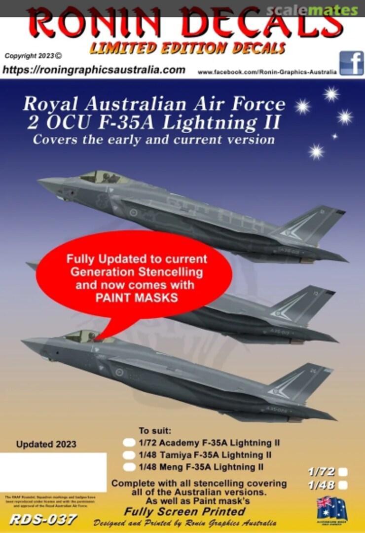 Boxart RAAF 2 OCU, F-35A Lightning II, 2014 Rollout Scheme (Updated 2023 with Paint Mask) RDS-037 Ronin Decals