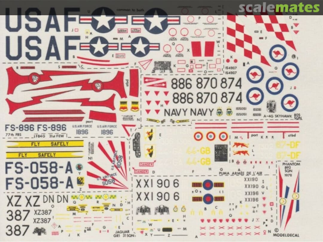 Boxart F-84G Thunderjet, USAF; Hawk T1 + Jaguar GR1, RAF; A-4G Skyhawk, RAN; Puma, Armée de l'Air 50 Modeldecal