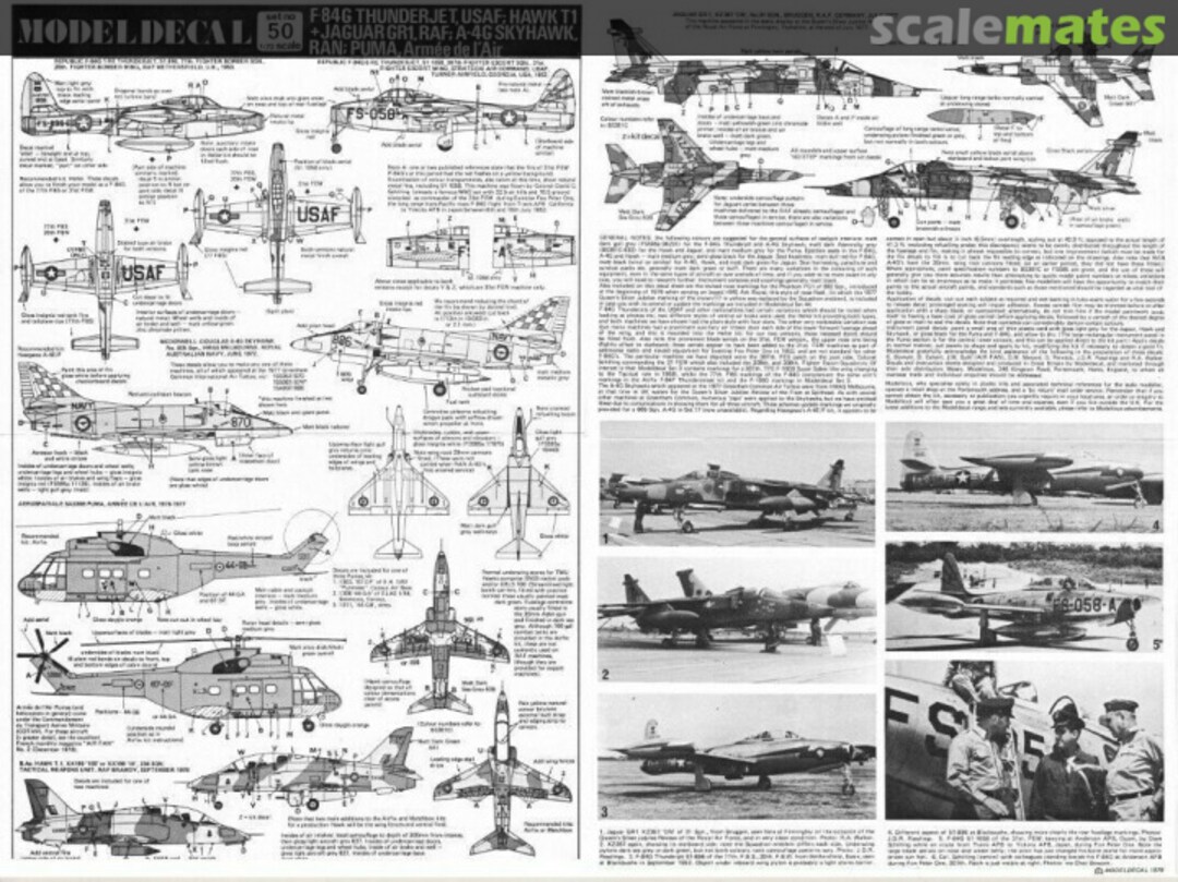 Contents F-84G Thunderjet, USAF; Hawk T1 + Jaguar GR1, RAF; A-4G Skyhawk, RAN; Puma, Armée de l'Air 50 Modeldecal