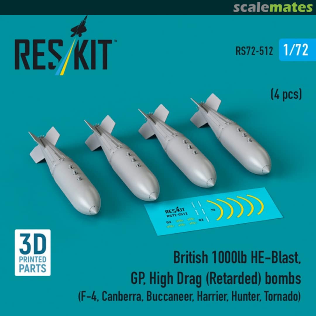 Boxart British 1000lb HE-Blast, GP, High Drag (Retarded) bombs (4 pcs)  RS72-0512 ResKit