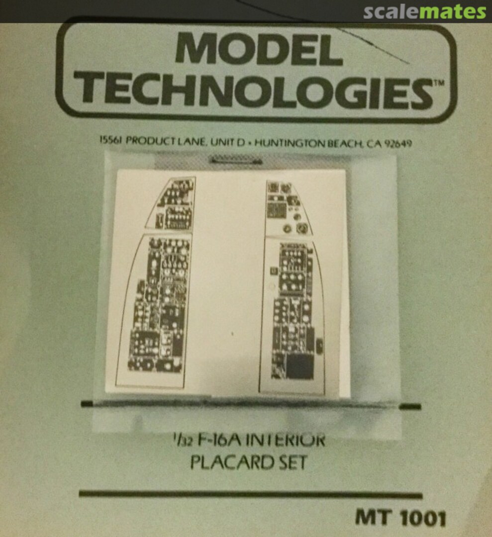 Boxart F-16A Interior Placard Set MT1001 Model Technologies