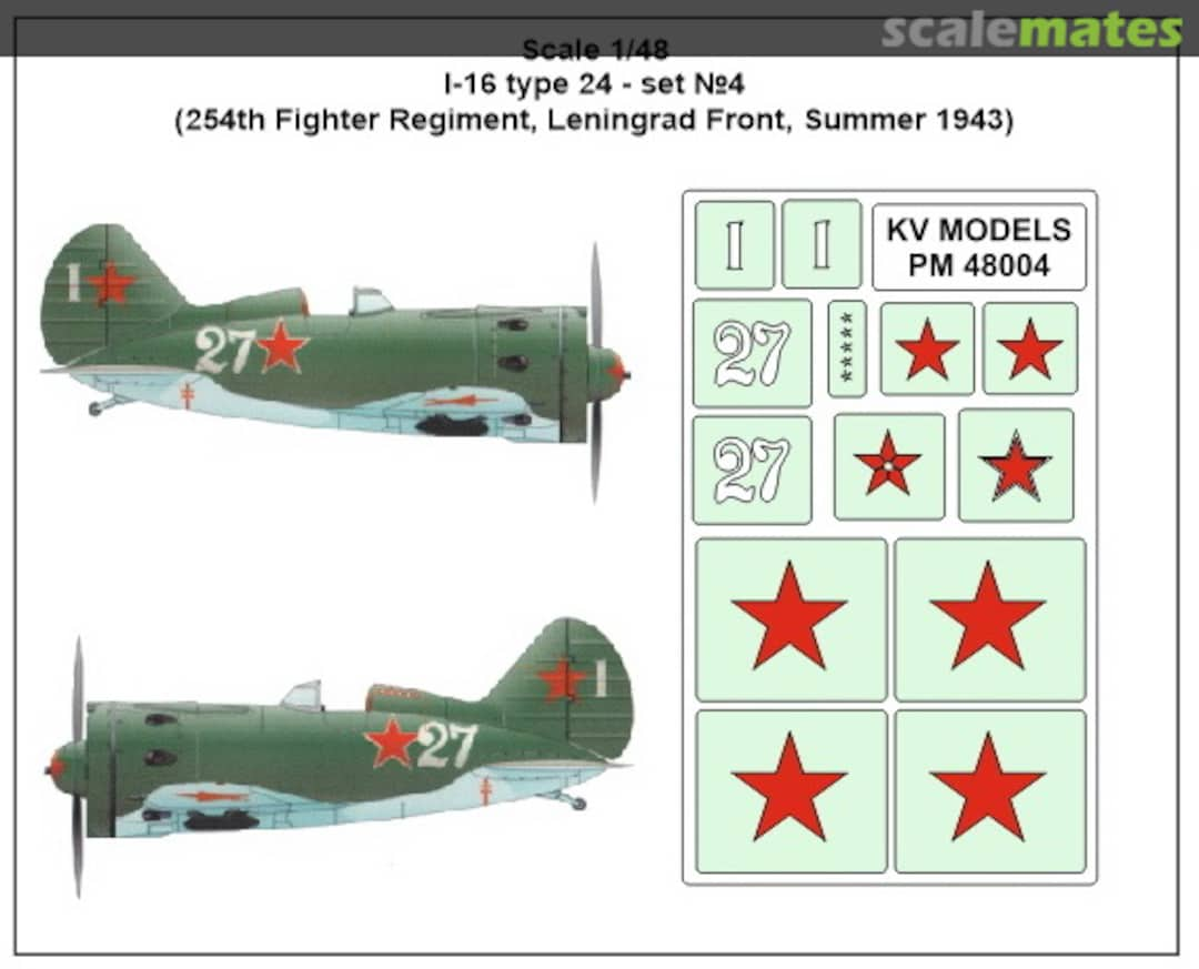 Boxart Masks for I-16 type 24 military aircraft insignia (254th Fighter Air Regiment,Leningrad front, summer 1943) PM48004 KV Models