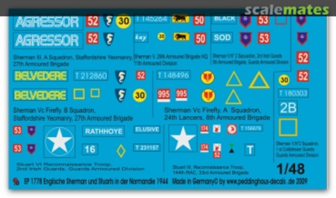 Boxart 6 English Shermans and 2 Stuart tanks in Normandy 1944 EP 1778 Peddinghaus-Decals