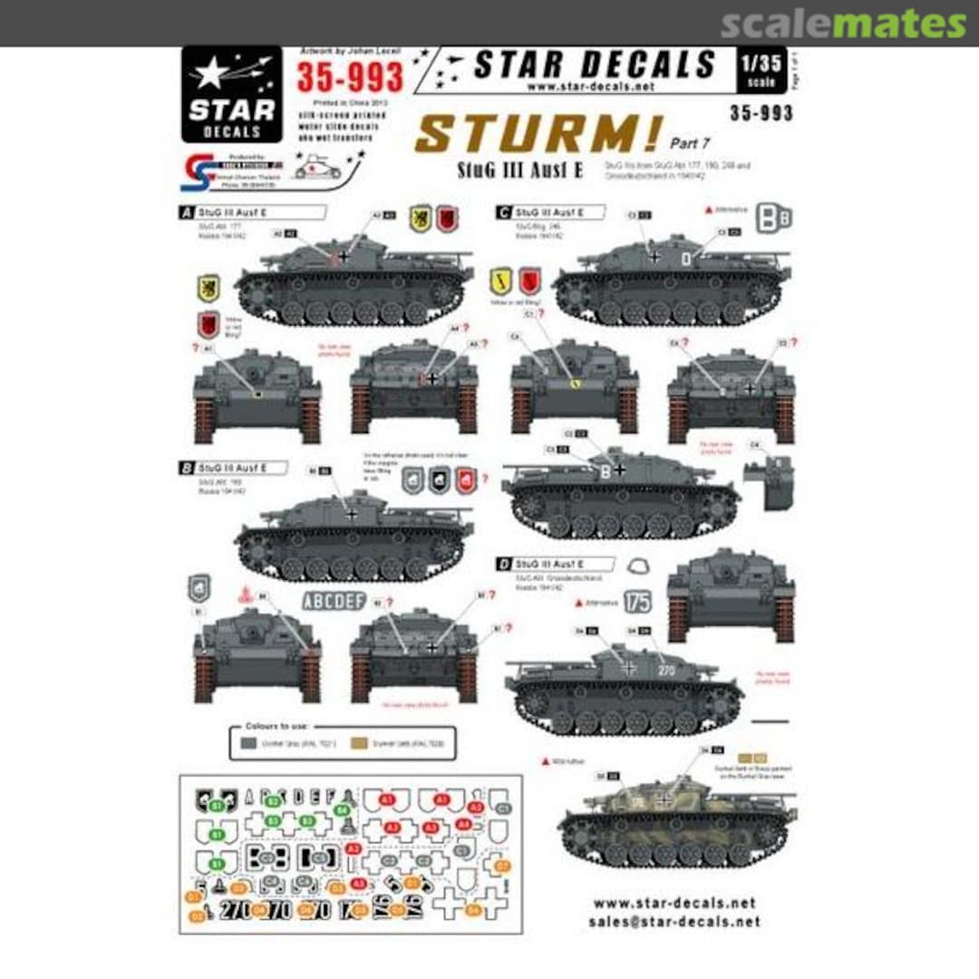 Boxart Sturm #7. StuG III Ausf E. StuG.Abt 177, 190, 249 35-993 Star Decals