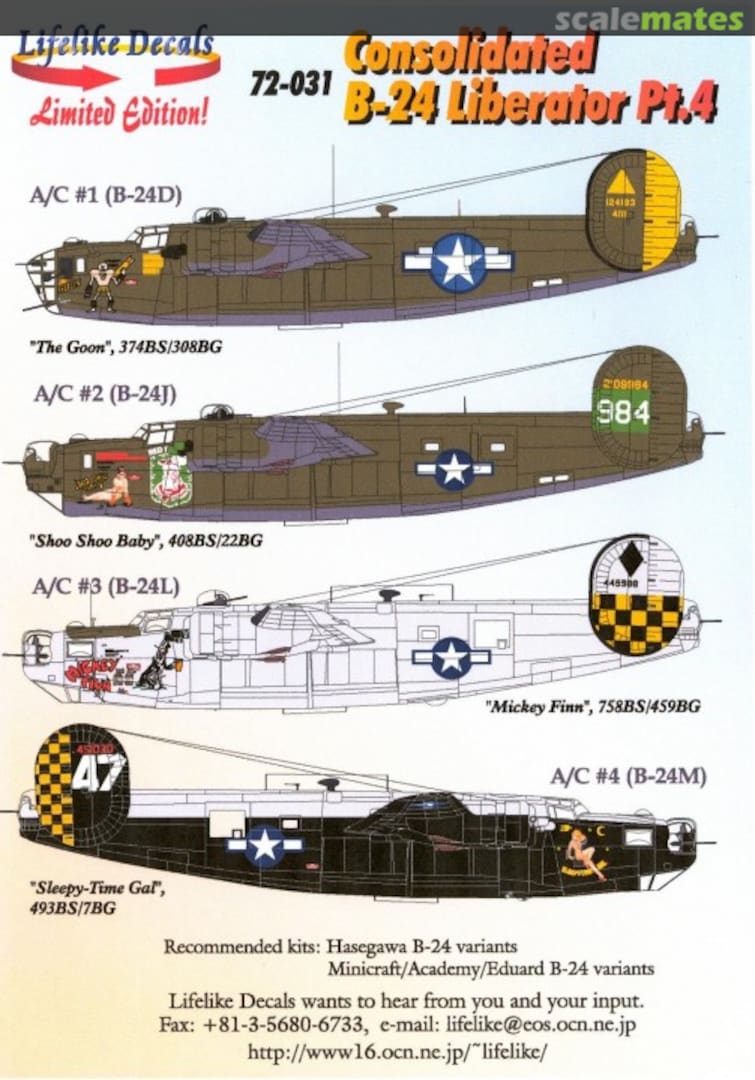 Boxart Consolidated B-24 Liberator Pt. 4 72-031 Lifelike Decals