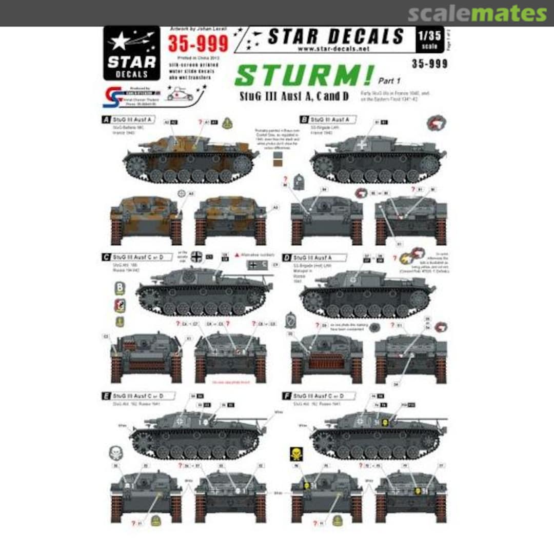 Boxart Sturm #1. StuG III Ausf A, C and D. France 35-999 Star Decals