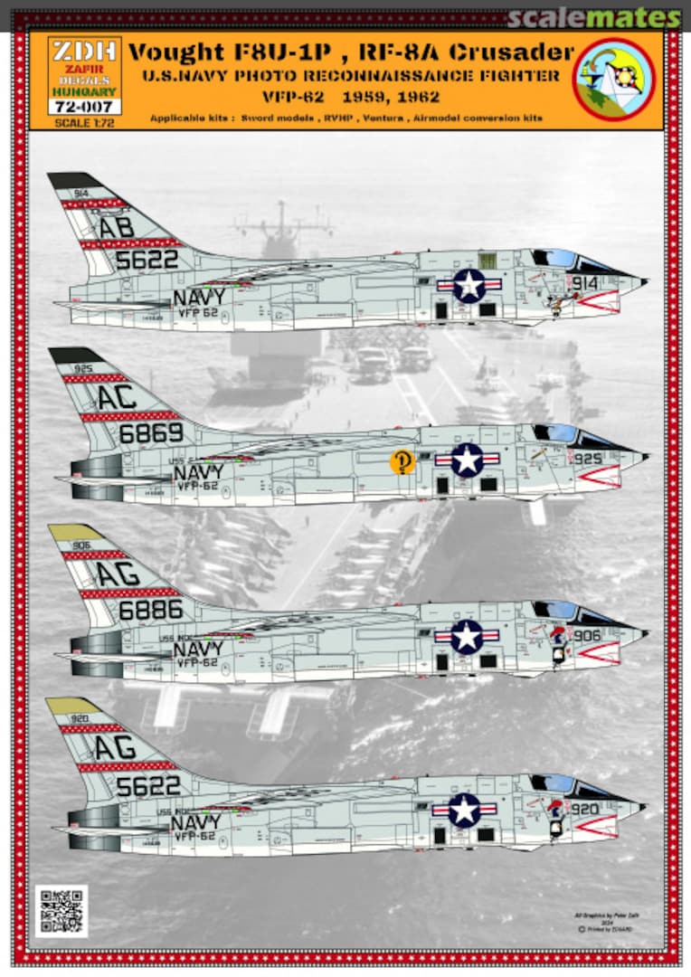 Boxart Vought F8U-1P, RF-8A Crusader VFP-62 1959, 1962 72-007 ZDH Decals