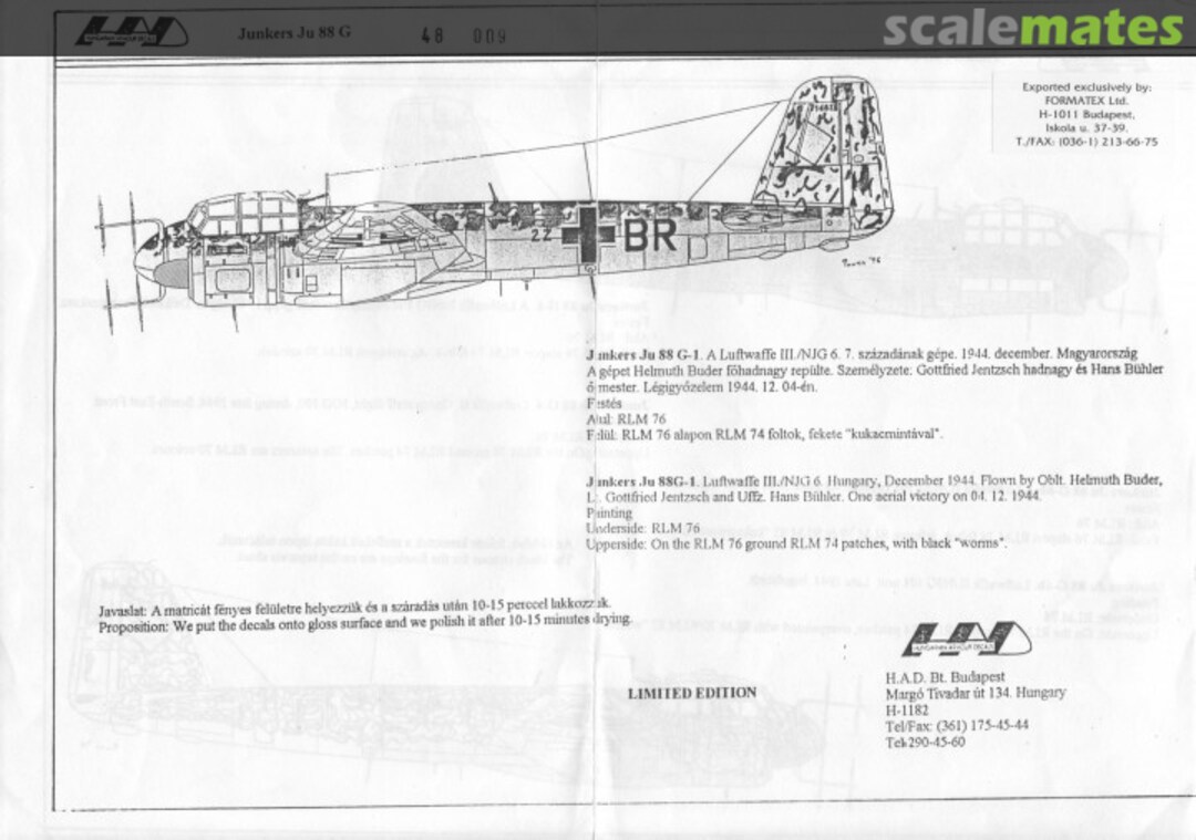 Boxart Junkers Ju 88 G 48009 Hungarian Armour Decals