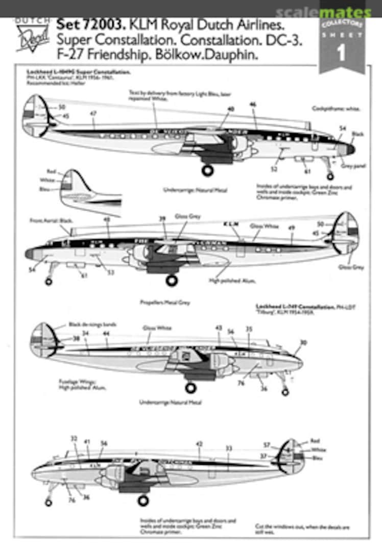 Boxart Set 72003. KLM Royal Dutch Airlines. Super Constellation. Constellation. DC-3. F-27 Friendship. Bölkow.Dauphin. 72003 Dutch Decal